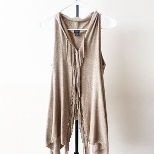 Roffe Beige Sleeveless Fringe Cardigan
